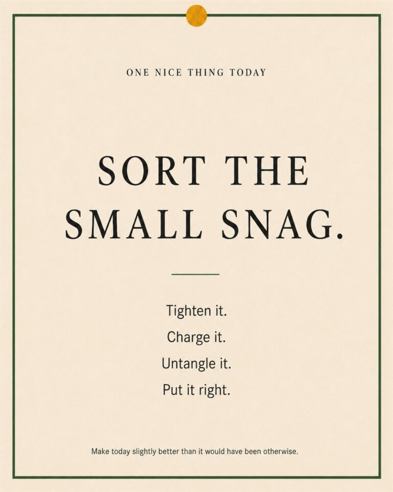 A cream paper-style graphic with a green border and mustard pin dot. Text reads: “SORT THE SMALL SNAG. Tighten it. Charge it. Untangle it. Put it right.”