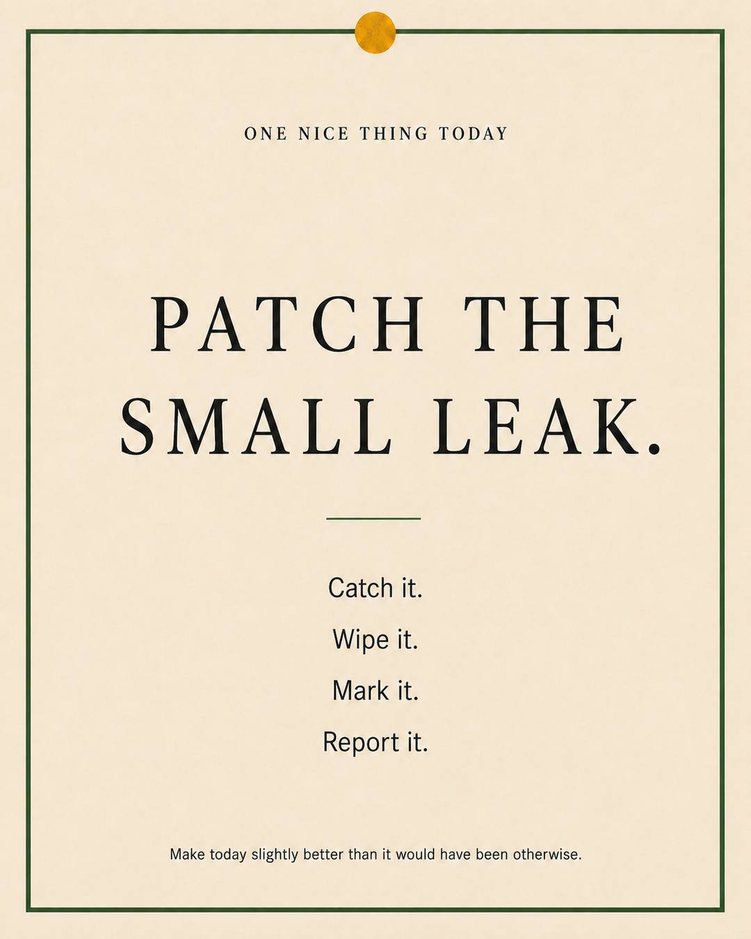 A cream paper-style graphic with a green border and mustard pin dot. Text reads: “PATCH THE SMALL LEAK. Catch it. Wipe it. Mark it. Report it.”