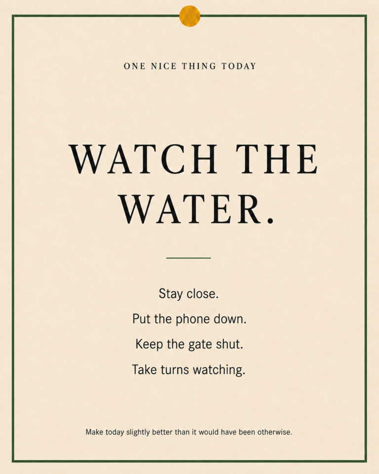 A cream paper-style graphic with a green border and mustard pin dot. Text reads: “WATCH THE WATER. Stay close. Put the phone down. Keep the gate shut. Take turns watching.”